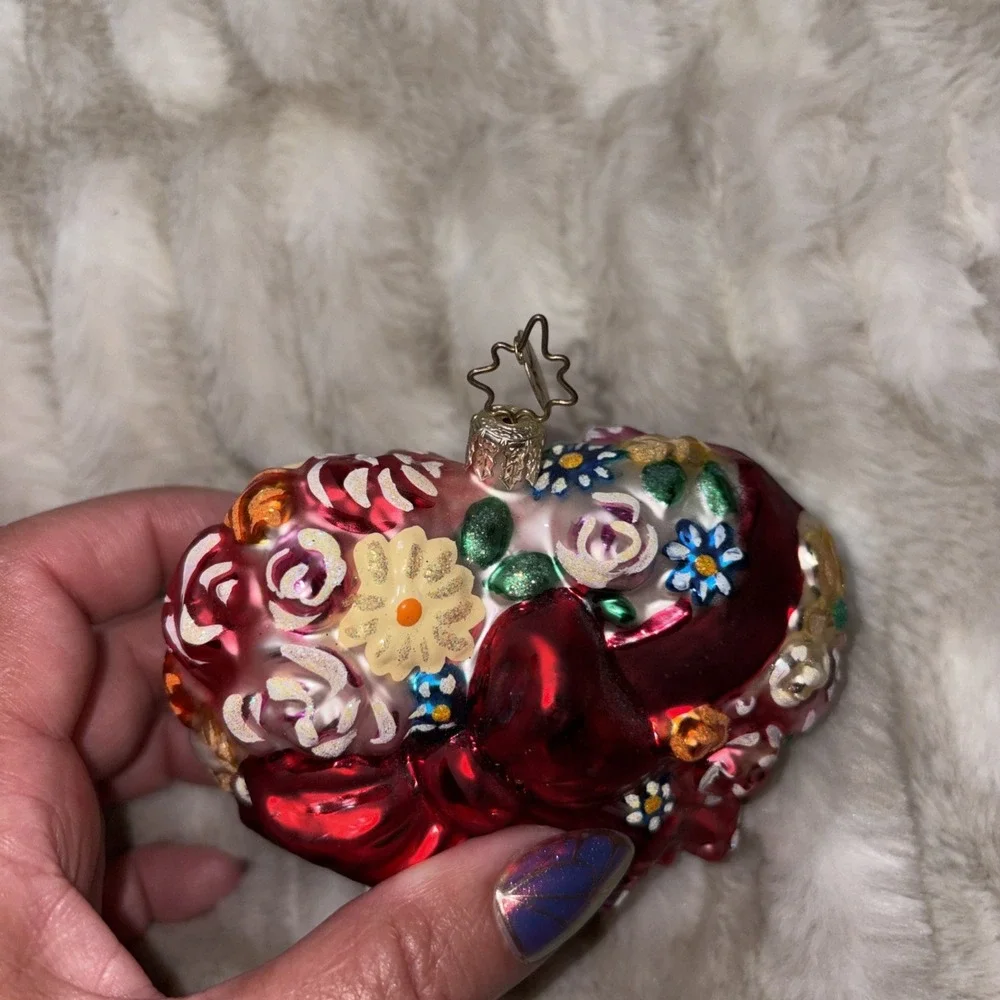 Christopher Radko Say it With Flowers Heart Ornament Intricate Floral Red Bow